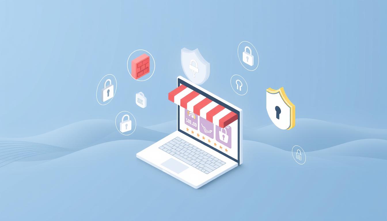 An isometric illustration of a secure e-commerce platform, SEOBIT, with a clean and minimalist design. The foreground features a laptop displaying the homepage of an online store, showcasing a sleek and intuitive user interface. The middle ground includes various security icons and symbols, such as a padlock, firewall, and encryption keys, emphasizing the robust security measures in place. The background depicts a serene, abstract landscape with subtle gradients and geometric patterns, creating a sense of balance and harmony. The overall scene conveys a reassuring and trustworthy atmosphere, suitable for illustrating the "Basics of Secure WooCommerce" section of the article.