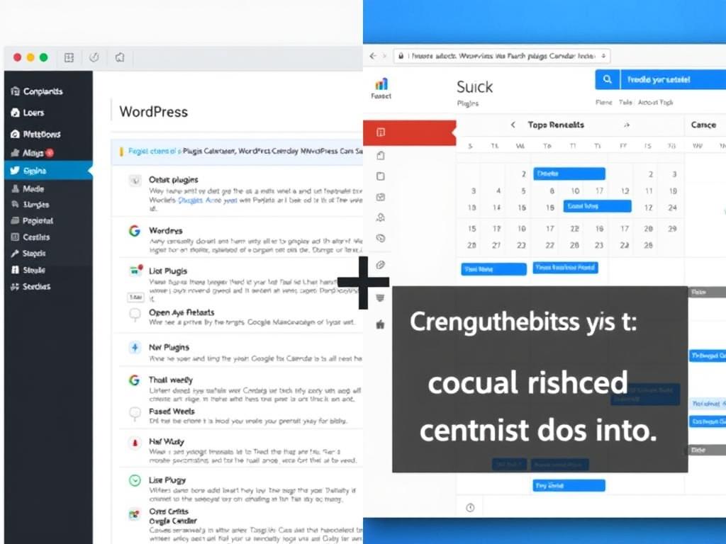 Panel administracyjny WordPress z sekcją wtyczek i kalendarz Google w tle