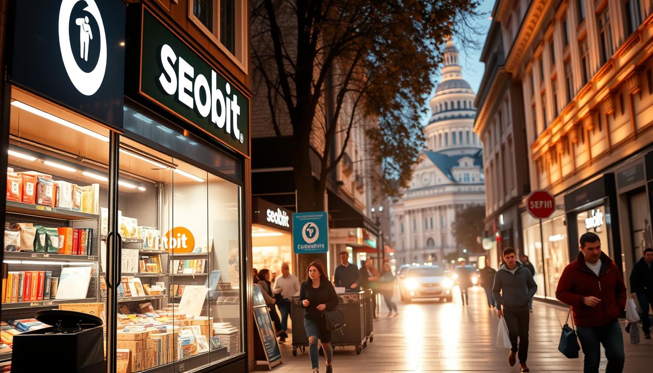 A bustling online marketplace in the heart of Warsaw, showcased in a vibrant, photorealistic scene. The storefront displays an array of products, with the SEOBIT logo prominently featured. Warm lighting illuminates the scene, creating a welcoming atmosphere. The middle ground captures pedestrians strolling past, immersed in the lively e-commerce landscape. In the background, the iconic architecture of Warsaw's cityscape provides a picturesque setting, hinting at the city's thriving digital retail landscape.