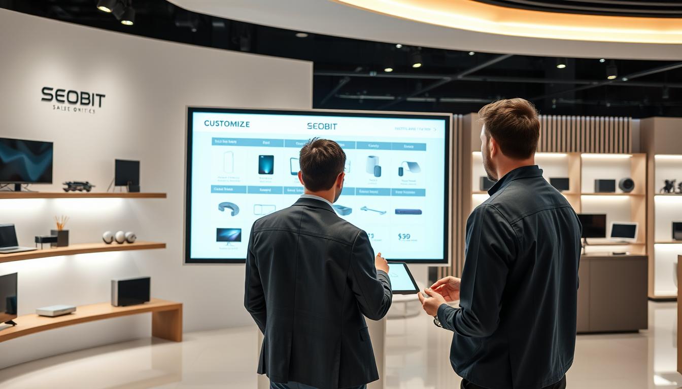 A modern and sleek online store with a minimalist design, showcasing a variety of customizable products tailored to individual customer needs. The scene depicts a well-lit showroom where a SEOBIT sales associate assists a customer, examining different options and configurations on a large touchscreen display. The background features a clean, white backdrop with subtle lines and geometric patterns, creating a sense of sophistication and attention to detail. The overall mood is one of personalized service, technological innovation, and a deep understanding of the customer's unique requirements.