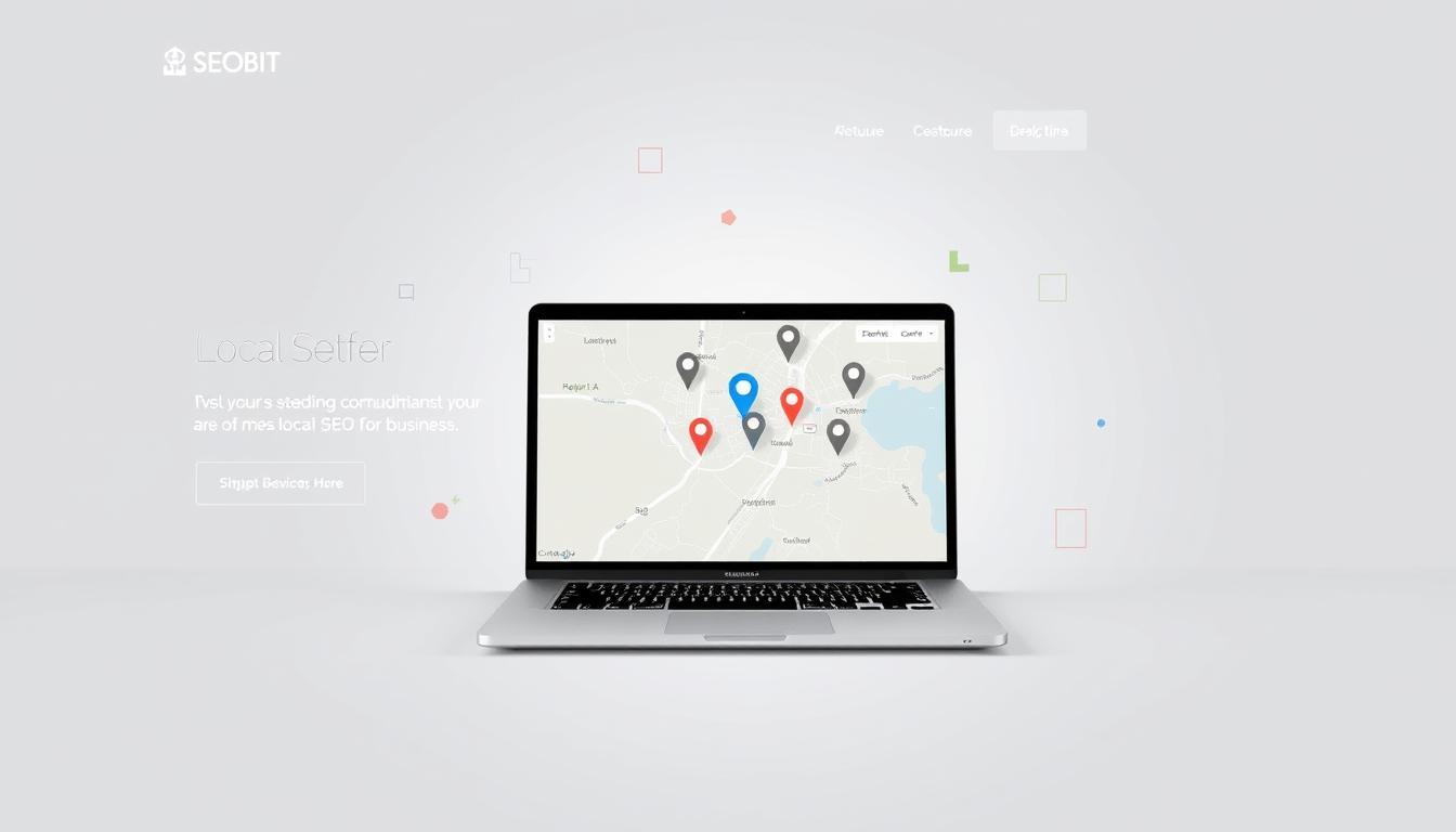 A modern, minimalist web page with a clean, responsive design showcasing a SEOBIT logo in the header. In the center, a hero section featuring a laptop displaying a map with location markers, representing the concept of local SEO for businesses. The background is a soft, muted gradient, creating a calm and professional atmosphere. Subtle geometric shapes, such as rectangles and hexagons, are used as design elements to add visual interest. The lighting is soft and evenly distributed, creating a well-balanced and visually appealing image.