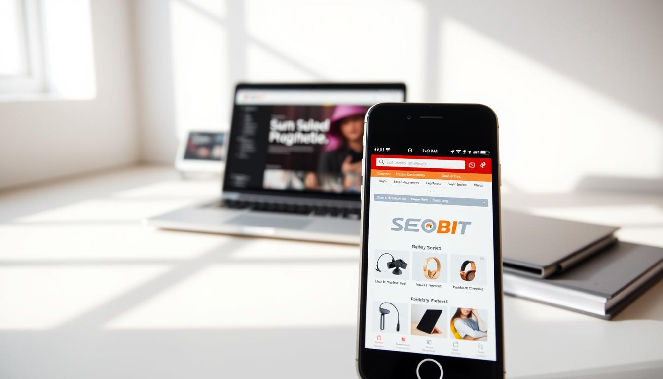 A modern, sleek and responsive online store showcasing the SEOBIT brand. In the foreground, a smartphone displays a mobile-optimized website, with clean typography, intuitive navigation, and high-quality product images. The middle ground features a laptop, tablet, and other devices seamlessly synchronized, demonstrating the store's cross-platform compatibility. The background is a minimalist, light-filled environment, emphasizing the store's focus on accessibility and user-friendliness. Soft shadows, subtle gradients, and a warm color palette convey a sense of sophistication and professionalism. The overall scene captures the essence of a responsive, modern online store that caters to the needs of today's digital consumers.