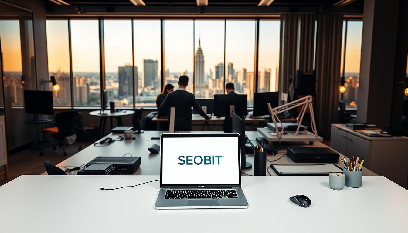 A modern, sleek website development workspace. In the foreground, a minimalist desktop with a laptop displaying the SEOBIT logo, surrounded by various design tools and equipment. The middle ground features a team of web developers collaborating, their faces obscured, focused on their screens. In the background, a large panoramic window reveals the vibrant city skyline of Warsaw, bathed in warm, natural lighting. The atmosphere is one of professionalism, creativity, and technological innovation, perfectly capturing the essence of SEOBIT's web design services.