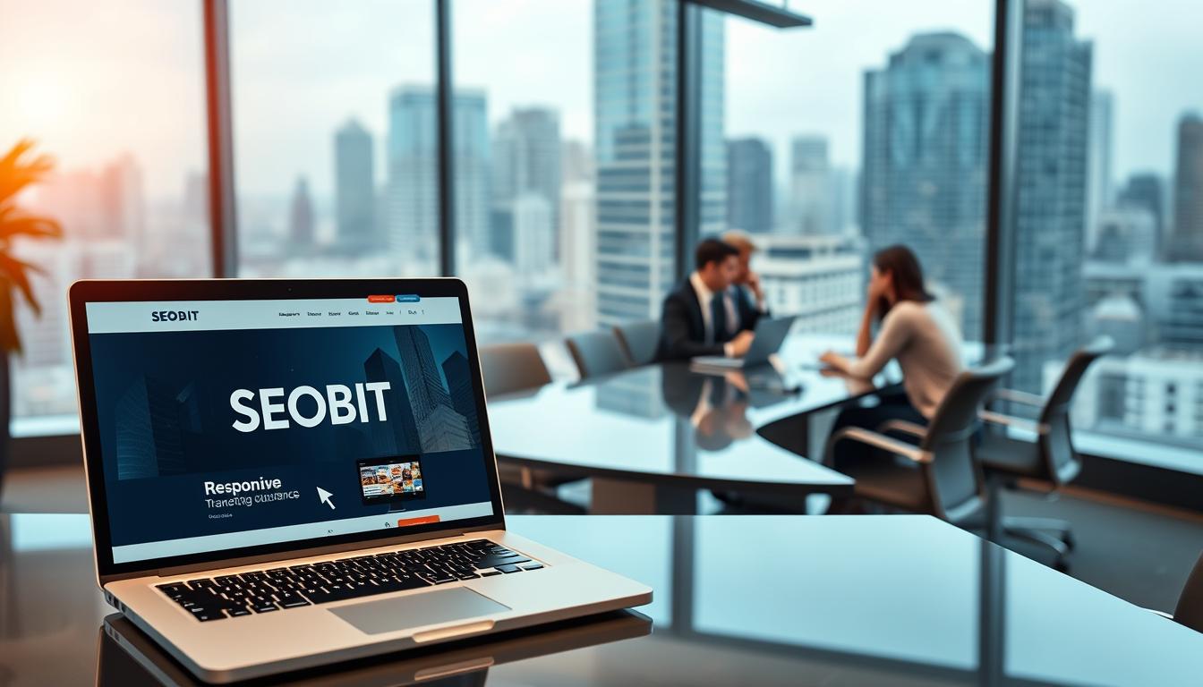 A professional corporate office workspace with a focus on online presence for businesses. In the foreground, a laptop displays a website with the SEOBIT logo, showcasing responsive web design. In the middle ground, a team of business professionals collaborates around a sleek conference table, discussing digital marketing strategies. The background features large windows overlooking a bustling city skyline, emphasizing the importance of an online footprint in the modern business landscape. Soft, directional lighting creates a polished, authoritative atmosphere. Captured with a wide-angle lens to convey a sense of scale and professionalism.