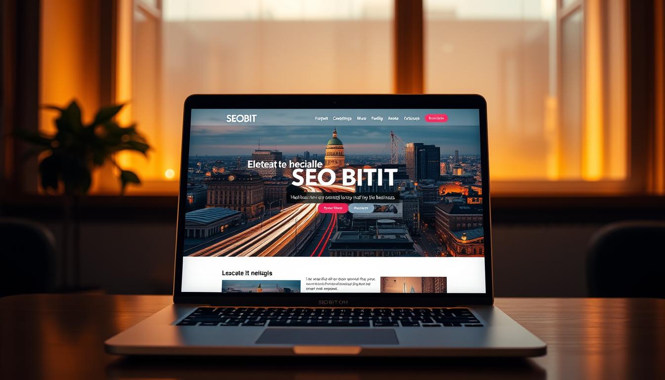 A professional, modern website design showcasing the SEOBIT brand. The layout features a clean, minimalist aesthetic with a focus on high-quality images and intuitive navigation. In the foreground, a sleek laptop displays the website, its screen reflecting the dynamic cityscape of Warsaw in the background. Warm lighting illuminates the scene, creating a sense of sophistication and attention to detail. The overall atmosphere conveys the power of an online presence to elevate a business, highlighting SEOBIT's expertise in crafting impactful digital experiences for companies in the city.