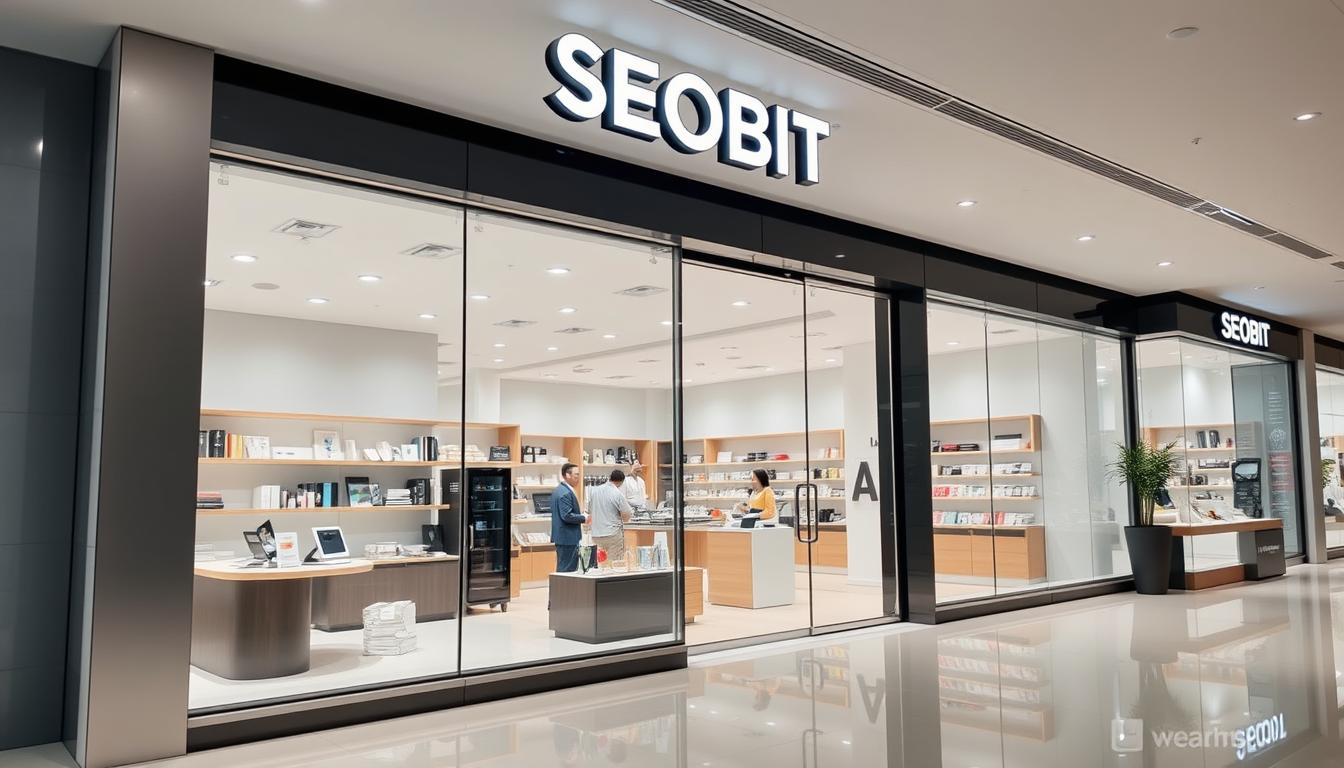 A professional online store with a modern, minimalist design. The store front features large windows showcasing the products, with a sleek, polished exterior. Inside, the store is well-lit, with clean lines and a focus on user experience. The product displays are arranged in an organized, visually appealing manner, inviting customers to browse. Touches of the SEOBIT brand identity, such as its logo and color scheme, are subtly incorporated throughout the space. An overall atmosphere of professionalism, quality, and innovation conveys the store's commitment to providing an exceptional online shopping experience.