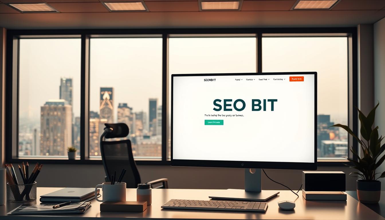 A serene, modern office setting with a professional SEOBIT website displayed prominently on a large, high-resolution computer screen. The screen is bathed in warm, soft lighting, creating a welcoming atmosphere. In the foreground, an array of office supplies and a sleek, minimalist desk setup suggest an efficient, organized workspace. The middle ground features a stylish, ergonomic office chair, hinting at the comfort and productivity enabled by the SEOBIT website. The background showcases a large window overlooking a thriving, bustling city skyline, symbolizing the growth and visibility the website brings to the local business. The overall composition conveys the benefits of a professional, modern web presence - increased productivity, visibility, and a polished brand identity.