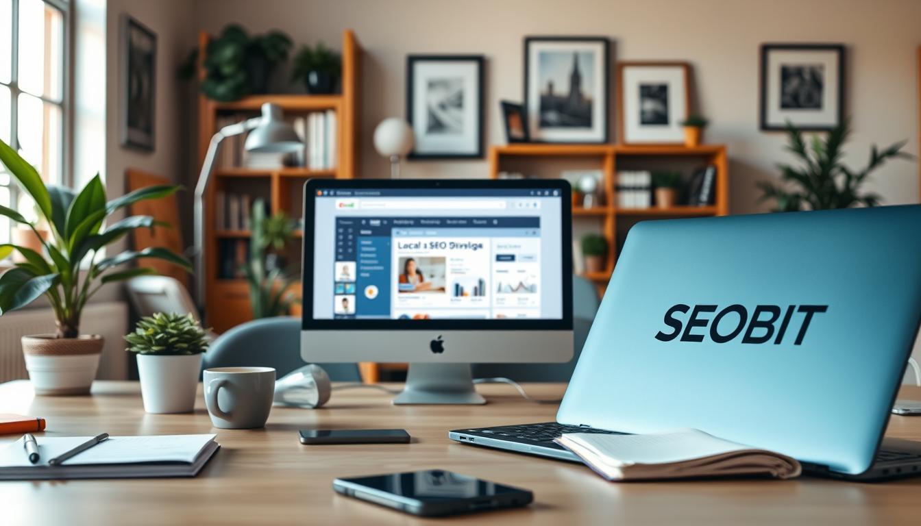 A serene office scene with a focus on a computer screen displaying a local SEO website building process. The foreground features a desk with a SEOBIT-branded laptop, a pen, and a notebook. The middle ground showcases a well-organized workspace with plants, a cup of coffee, and a smartphone. The background depicts a warm, natural-lit room with bookshelves and framed artwork, conveying a professional yet cozy atmosphere. The overall mood is one of productivity, attention to detail, and a commitment to creating effective local SEO-driven websites.