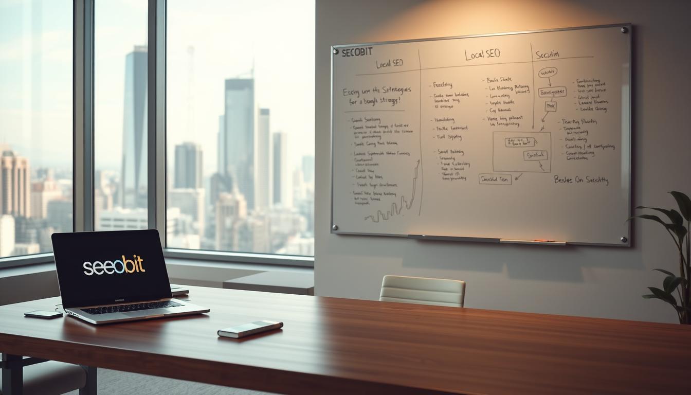 A serene office setting with a clean, modern aesthetic. In the foreground, a wooden desk with a laptop displaying the "SEOBIT" brand logo, surrounded by minimal office supplies. The middle ground features a large wall-mounted whiteboard, its surface covered in handwritten notes and diagrams related to local SEO strategies. In the background, a floor-to-ceiling window overlooking a bustling city skyline, softly illuminating the scene with warm, natural lighting. The overall atmosphere conveys a sense of productivity, focus, and expertise in the field of local SEO. A serene office setting with a clean, modern aesthetic. In the foreground, a wooden desk with a laptop displaying the "SEOBIT" brand logo, surrounded by minimal office supplies. The middle ground features a large wall-mounted whiteboard, its surface covered in handwritten notes and diagrams related to local SEO strategies. In the background, a floor-to-ceiling window overlooking a bustling city skyline, softly illuminating the scene with warm, natural lighting. The overall atmosphere conveys a sense of productivity, focus, and expertise in the field of local SEO.