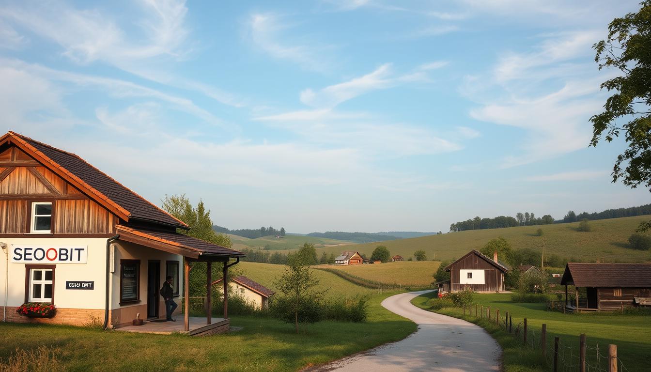 A serene, rural landscape in the Mazovian region, with rolling hills and lush greenery. In the foreground, a quaint village scene with traditional Polish architecture, featuring a modest office building with the prominent "SEOBIT" branding on the facade. The mid-ground showcases a winding country road leading towards the village, with locals going about their daily activities. In the background, a hazy blue sky with wispy clouds, capturing the tranquil, local atmosphere. The lighting is soft and diffused, creating a warm, inviting ambiance. The overall composition emphasizes the local, community-driven nature of SEOBIT's web development services within the Mazovian region.