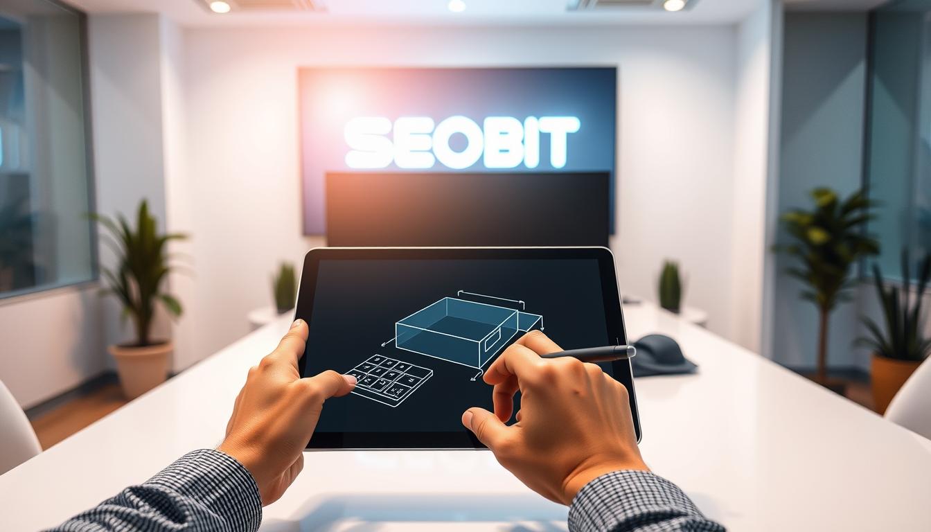 A serene, well-lit office space with a sleek, modern workstation. In the foreground, a designer's hands deftly navigate a tablet, sketching the layout of a website. The middle ground showcases a 3D wireframe model of the site, rotating gently. In the background, a large monitor displays the SEOBIT logo, casting a soft glow over the scene. The overall atmosphere is one of focused creativity and technological prowess, reflecting the expertise of SEOBIT in web development.