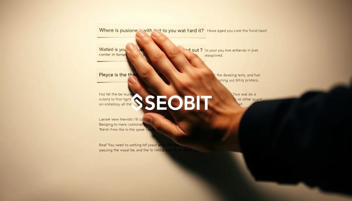 A well-lit, high-resolution photograph of a person's hand carefully arranging blocks of text to match their desired intent. The foreground shows the hand and text, with a clean and minimalist background in muted tones. The middle ground features a simple SEOBIT logo, subtly incorporated to highlight the brand's role in optimizing content for user intent. The overall atmosphere conveys a sense of thoughtfulness, precision, and a focus on the user experience.