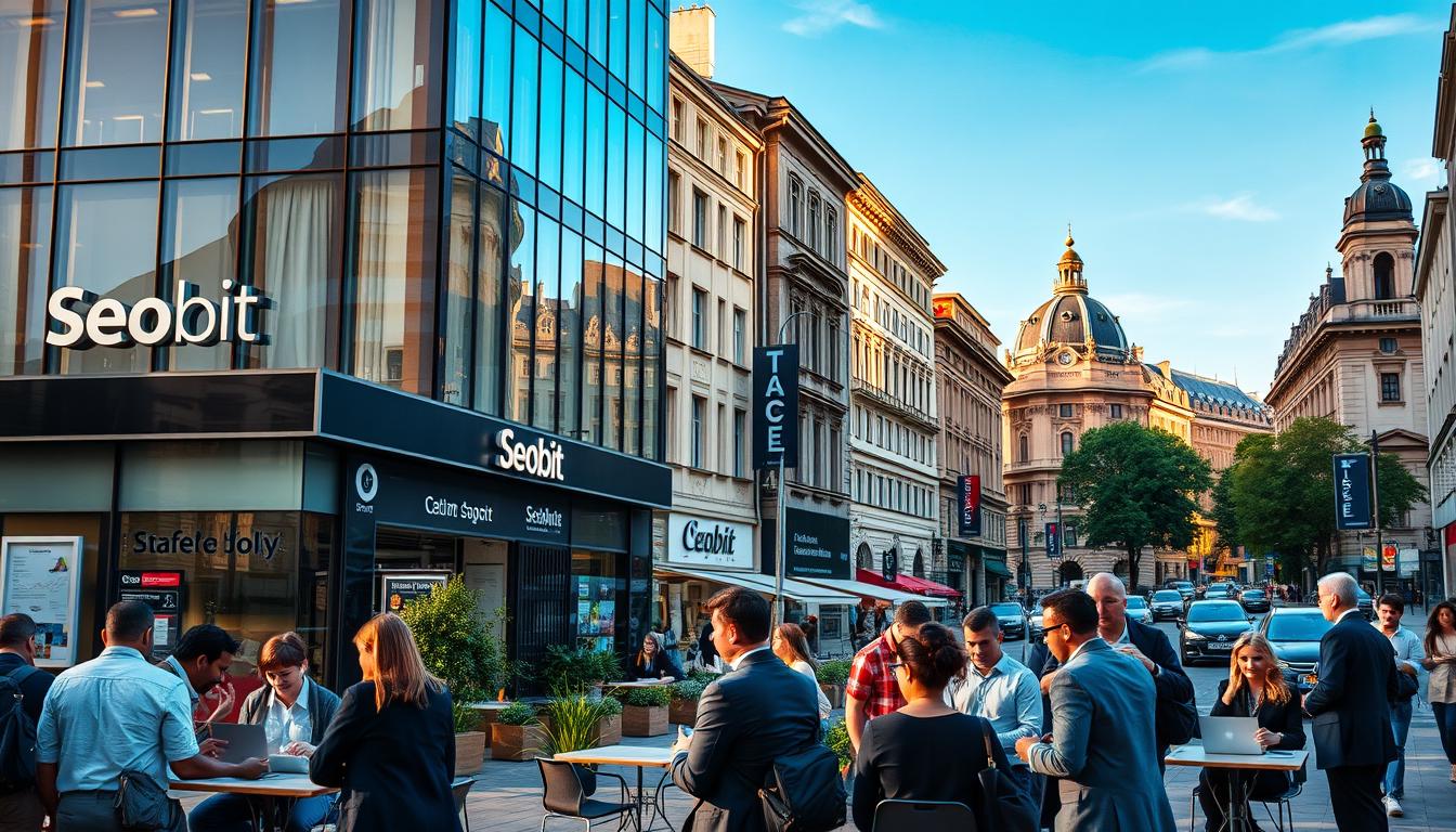 A bustling street in Warsaw showcasing a vibrant urban environment, with a focus on a modern office building displaying the brand name "SEOBIT" prominently on its facade. In the foreground, a diverse group of professionals in business attire, engaged in a discussion about local SEO strategies, with laptops and charts visible. The middle ground features a busy café where people are working on their devices, surrounded by greenery and local business signage. The background captures iconic Warsaw architecture under a clear blue sky, bathed in soft, warm lighting that conveys a productive and optimistic atmosphere. The scene emphasizes the importance of local SEO in a thriving city.