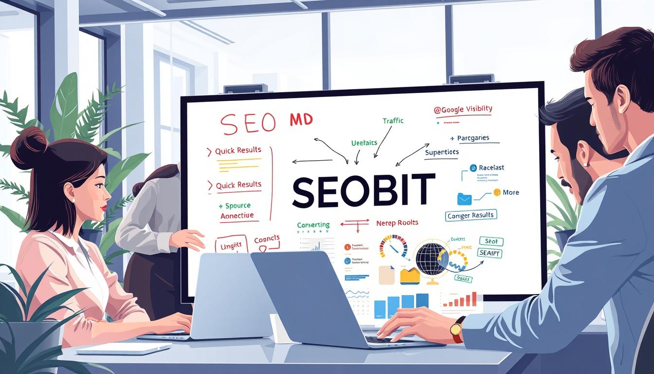 A digital illustration showcasing the SEO website creation process in a modern office setting. In the foreground, a diverse group of professionals, including a woman in business attire and a man in casual business wear, are collaborating over a laptop, analyzing data on screen regarding website traffic and Google rankings. In the middle ground, a large whiteboard displays colorful diagrams and keywords like "SEO," "Google Visibility," and "Quick Results." The background features a sleek, contemporary office with plants and large windows letting in natural light. The mood is focused and innovative, conveying a sense of teamwork and ambition. Ensure the name "SEOBIT" is clearly integrated into the design as part of the whiteboard or on the laptop screen.