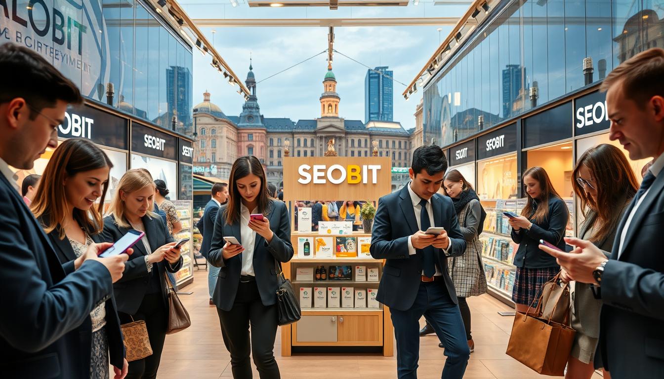 A modern and dynamic representation of changing shopping trends, featuring a local online store concept in Warsaw. In the foreground, a diverse group of professionally dressed individuals engaging with digital devices, showcasing a seamless blend of offline and online shopping experiences. In the middle ground, a well-organized display of products from the SEOBIT brand, with shoppers interacting both in-store and through mobile applications. The background features a bustling cityscape of Warsaw, with recognizable landmarks and storefronts, illuminated by warm, inviting lighting. The overall atmosphere is energetic and forward-thinking, capturing the essence of evolving consumer behaviors and modern retail strategies. Use a wide-angle lens to emphasize the connection between the people and their shopping environment, creating a sense of unity and innovation.