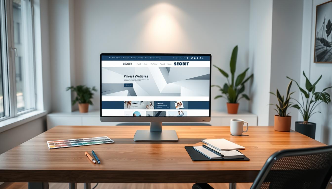 A modern and sleek workspace showcasing a professional website design for "SEOBIT". In the foreground, a stylish computer screen displays an elegant website layout with engaging visuals and intuitive navigation, featuring smooth lines and a minimalist aesthetic. In the middle ground, a polished wooden desk is adorned with design tools, color palettes, and a notepad, radiating creativity and professionalism. In the background, soft ambient light illuminates the room, enhancing a clean and sophisticated atmosphere, with potted plants adding a touch of freshness. The angle is slightly above the desk, providing a dynamic view of the workspace while maintaining focus on the website displayed. The overall mood is inspiring and modern, ideal for illustrating professional website offerings.