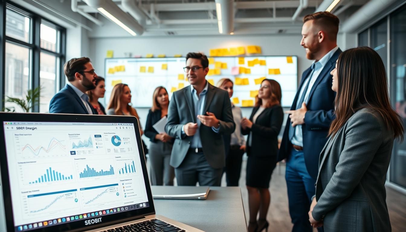 A modern, dynamic workspace showcasing a diverse team of professionals collaborating on website design and SEO strategies. In the foreground, a laptop with the SEOBIT brand logo visible, displaying wireframe layouts and digital analytics. The middle ground features a sticky note wall filled with ideas and a large screen showing website performance metrics. The background reveals a bright office with large windows, creating an open and inviting atmosphere filled with natural light. The professionals are dressed in smart business attire, discussing ideas animatedly, conveying a sense of teamwork and innovation. The overall mood is focused and creative, emphasizing a comprehensive approach to website development and optimization in a contemporary urban setting. A modern, dynamic workspace showcasing a diverse team of professionals collaborating on website design and SEO strategies. In the foreground, a laptop with the SEOBIT brand logo visible, displaying wireframe layouts and digital analytics. The middle ground features a sticky note wall filled with ideas and a large screen showing website performance metrics. The background reveals a bright office with large windows, creating an open and inviting atmosphere filled with natural light. The professionals are dressed in smart business attire, discussing ideas animatedly, conveying a sense of teamwork and innovation. The overall mood is focused and creative, emphasizing a comprehensive approach to website development and optimization in a contemporary urban setting.