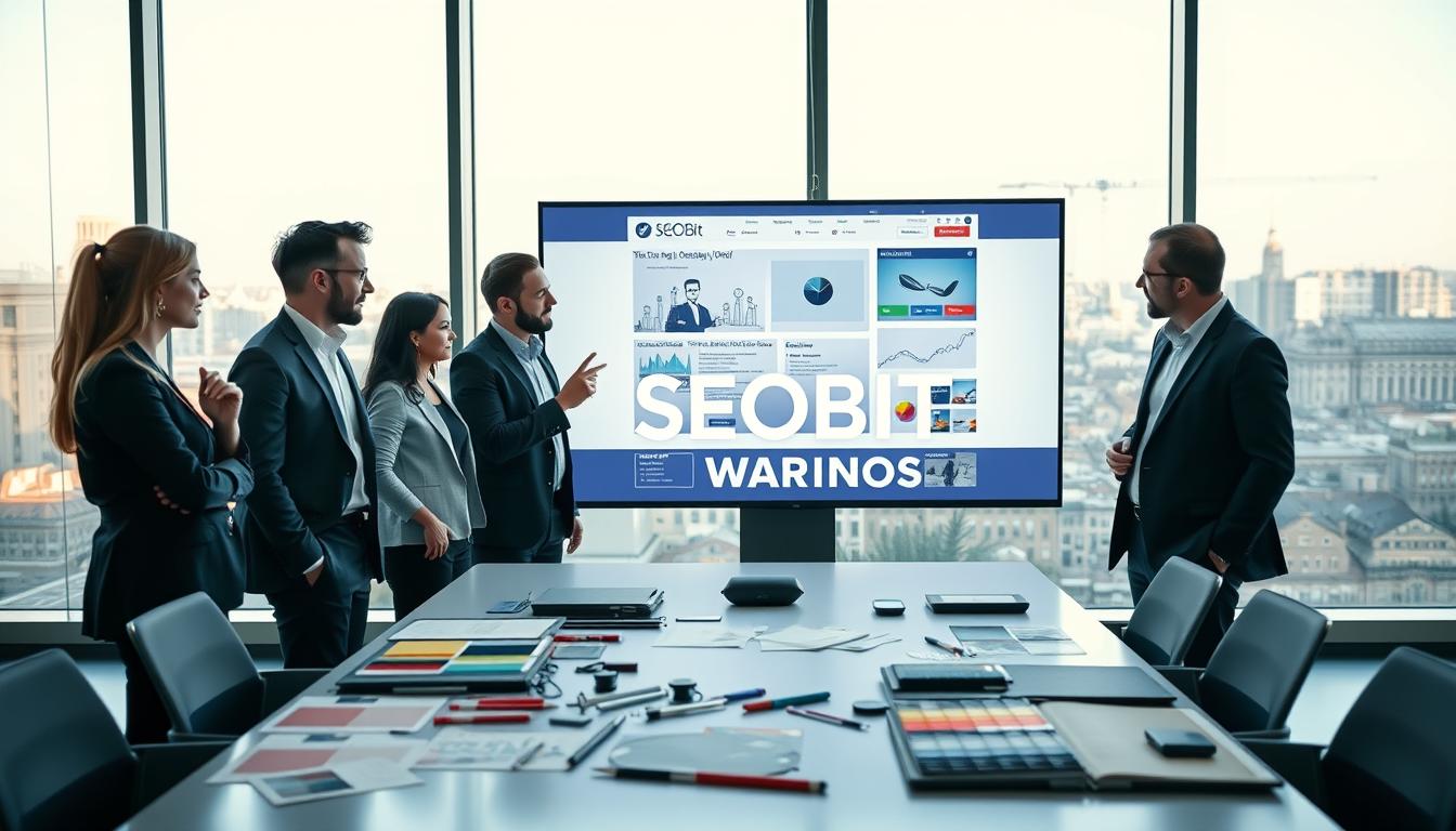 A modern office environment in Warsaw, featuring a professional web design team collaborating on a large digital display showing a visually appealing website layout. In the foreground, a diverse group of three professionals in business attire thoughtfully discussing concepts; one is pointing at the screen. The middle ground reveals various design tools and color palettes spread across a sleek conference table. The background showcases large windows with a panoramic view of the Warsaw skyline under soft natural light, creating a dynamic yet inviting atmosphere. The overall color scheme is fresh and vibrant, suggesting innovation and creativity. Include the brand name "SEOBIT" subtly within the digital display. A modern office environment in Warsaw, featuring a professional web design team collaborating on a large digital display showing a visually appealing website layout. In the foreground, a diverse group of three professionals in business attire thoughtfully discussing concepts; one is pointing at the screen. The middle ground reveals various design tools and color palettes spread across a sleek conference table. The background showcases large windows with a panoramic view of the Warsaw skyline under soft natural light, creating a dynamic yet inviting atmosphere. The overall color scheme is fresh and vibrant, suggesting innovation and creativity. Include the brand name "SEOBIT" subtly within the digital display.