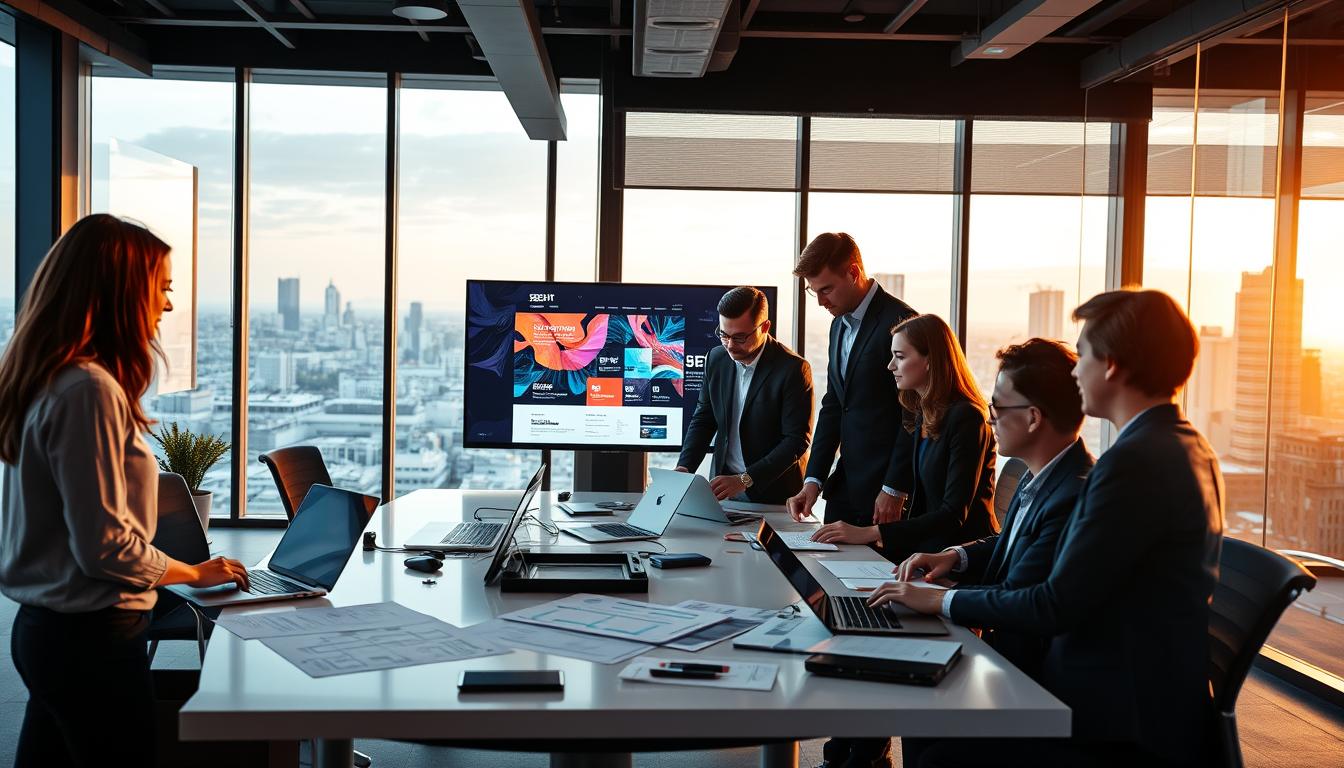 A modern office environment showcasing "dedicated solutions for business." In the foreground, a professional-looking team of diverse individuals in business attire collaborates over a sleek, contemporary desk filled with laptops, digital tablets, and design sketches. The middle ground features a large digital screen displaying a website design with vibrant colors, reflecting professionalism and efficiency. The background includes glass windows revealing a skyline of Warsaw, with soft natural light pouring in, creating an inspiring atmosphere. Include subtle branding elements featuring the logo "SEOBIT" on the screens. The overall mood should convey innovation, collaboration, and dedication to providing business solutions, captured with a wide-angle view and warm, inviting lighting.