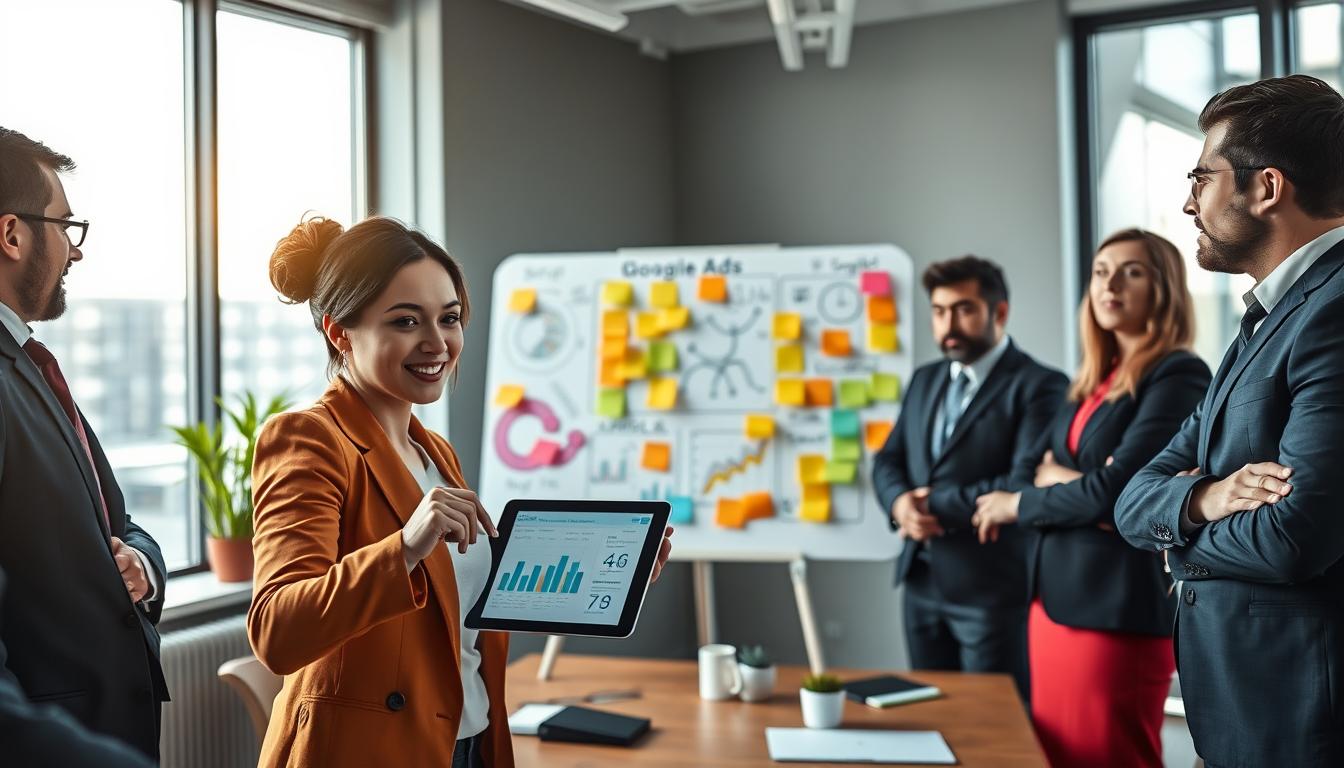 A modern office environment where a diverse group of professionals, dressed in smart business attire, is engaged in a dynamic brainstorming session about marketing strategies for companies. In the foreground, a confident woman gestures towards a digital tablet displaying charts and graphs. In the middle, a large whiteboard filled with colorful sticky notes and diagrams illustrates various marketing tactics, including SEO and Google Ads. The background showcases a large window with natural light flooding the room, illuminating the collaborative atmosphere. The mood is energetic and focused, promoting innovation and teamwork. Overall, the scene embodies a strategic approach to modern marketing for small businesses, with a subtle inclusion of the brand identity "SEOBIT" in the visuals on the business materials.