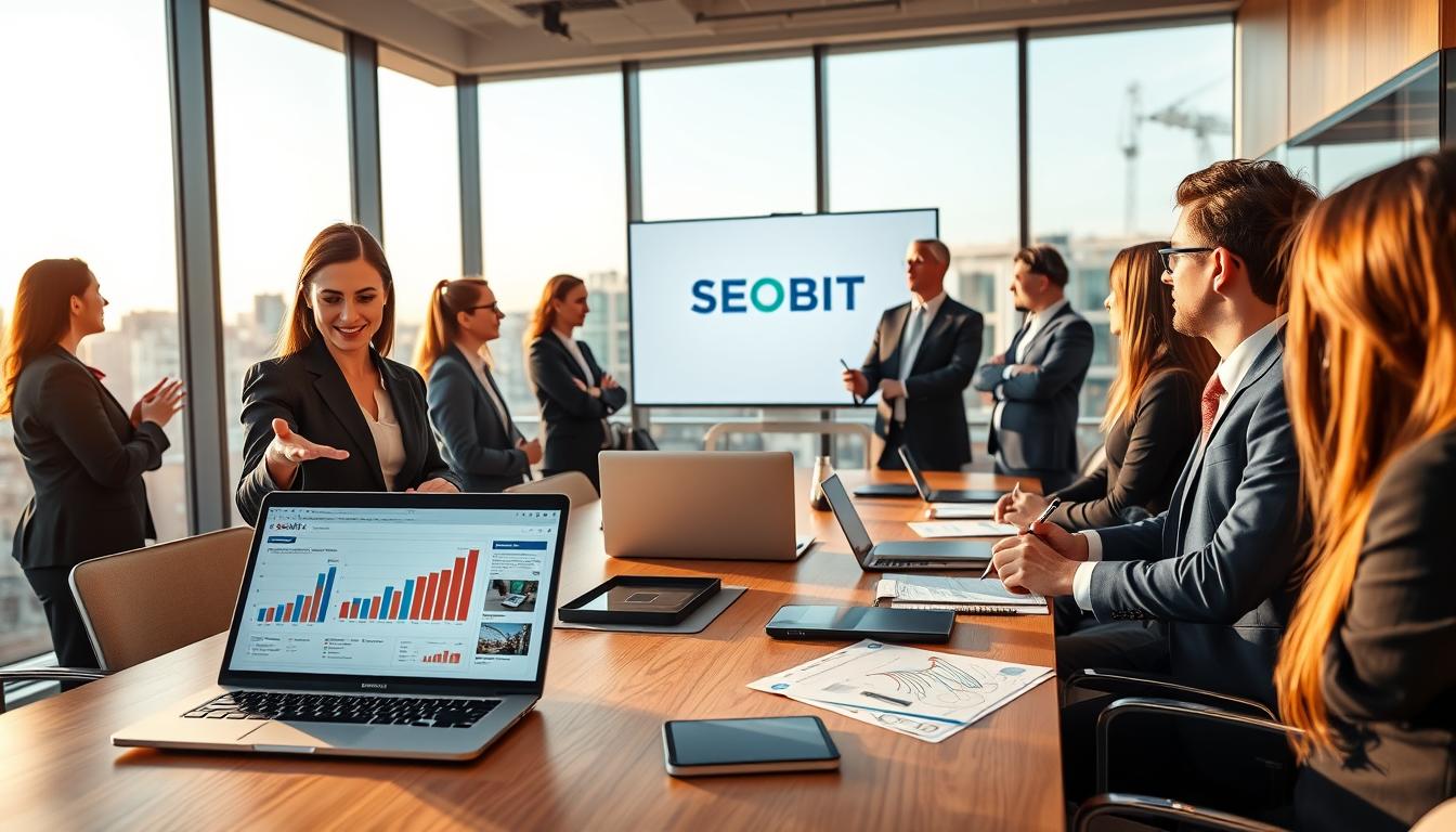 A modern office setting in Warsaw, showcasing a diverse group of professionals in business attire discussing the benefits of investing in websites. In the foreground, a confident businesswoman gestures towards a sleek laptop displaying graphs and website designs, while a well-dressed businessman notes on a notepad. The middle ground features a stylish conference table adorned with digital devices and marketing materials, emphasizing SEO strategies. In the background, large windows reveal a panoramic view of the vibrant Warsaw skyline, bathed in warm afternoon light that creates a productive and optimistic atmosphere. The scene subtly incorporates the brand name "SEOBIT" on a presentation screen, symbolizing innovative web solutions. Capture this scene with a shallow depth of field to focus on the professionals, accentuating their engagement.