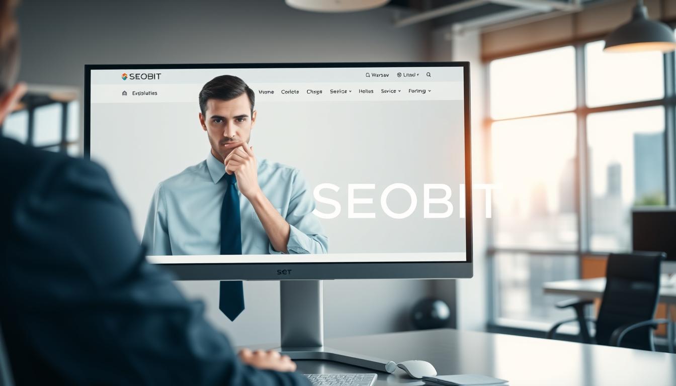 A modern, professional website interface showcased on a sleek desktop monitor, featuring a clean, minimalist design with a sophisticated layout. In the foreground, a user is thoughtfully examining the site, dressed in smart business attire, representing professionalism. The middle ground includes a stylish office setting with a contemporary desk and ergonomic chair. Soft, natural lighting brightens the room, creating an inviting atmosphere. The background displays blurred visuals of the Warsaw skyline, hinting at the local context of website creation. The design prominently features the brand name "SEOBIT" in a polished font, emphasizing modernity and innovation. The overall mood is one of professionalism and aspiration, highlighting the importance of a high-quality website for businesses in Warsaw.