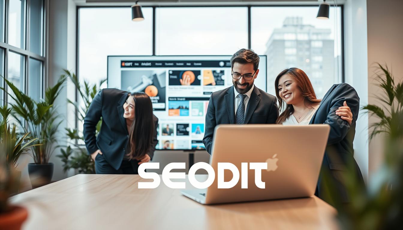 A modern, professional workspace showcasing the benefits of investing in high-quality websites. In the foreground, a well-dressed business team of three, composed of a diverse group of men and women, is discussing a website design on a sleek laptop. In the middle ground, a large digital screen displays visually appealing website templates, emphasizing user-friendly navigation and attractive layouts. The background features a bright, airy office with plants and large windows allowing natural light to brighten the space. Soft focus on the elements adds a warm atmosphere, while the lighting highlights the team's expressions of enthusiasm and collaboration. The brand "SEOBIT" subtly integrated within the laptop screen, showcasing their portfolio. The mood is professional, optimistic, and inviting.