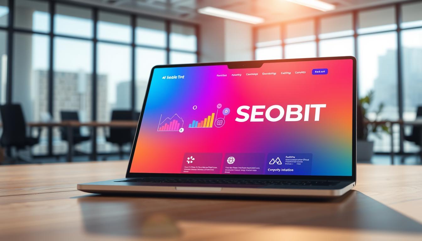 A modern web design concept depicting a sleek and responsive layout for a professional business website. The foreground features a large image of a laptop displaying a vibrant, user-friendly interface with a striking color palette and intuitive navigation. In the middle, there are stylized icons symbolizing SEO tools and analytics, showcasing dynamic graphs and engaging elements. The background includes a contemporary office environment with large windows, allowing natural light to illuminate the scene, creating a bright and inviting atmosphere. The camera angle is slightly tilted to add depth, focusing on the laptop while blurring the background. The overall mood is professional and innovative, with a sense of clarity and growth. Include subtle branding for "SEOBIT" in the design elements within the laptop screen.