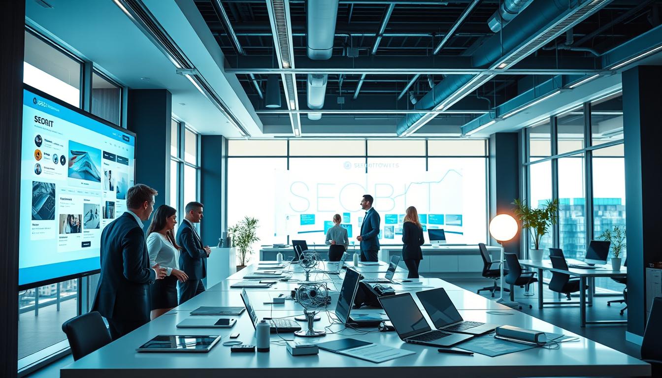 A modern web solutions workspace scene, showcasing a sleek and innovative office with high-tech elements. In the foreground, a diverse team of professionals in business attire, focused on a large screen displaying dynamic website designs, showcasing modern user interfaces. The middle layer features stylish desks with laptops, smartphones, and digital tools scattered throughout, emphasizing productivity and creativity. The background includes a bright, well-lit office with large windows letting in natural light, giving a sense of openness. Soft blue and green tones dominate the color palette, creating a calm yet dynamic atmosphere. The brand name "SEOBIT" subtly integrated into the design elements or displays. The overall mood is one of efficiency, collaboration, and futuristic web development innovation.