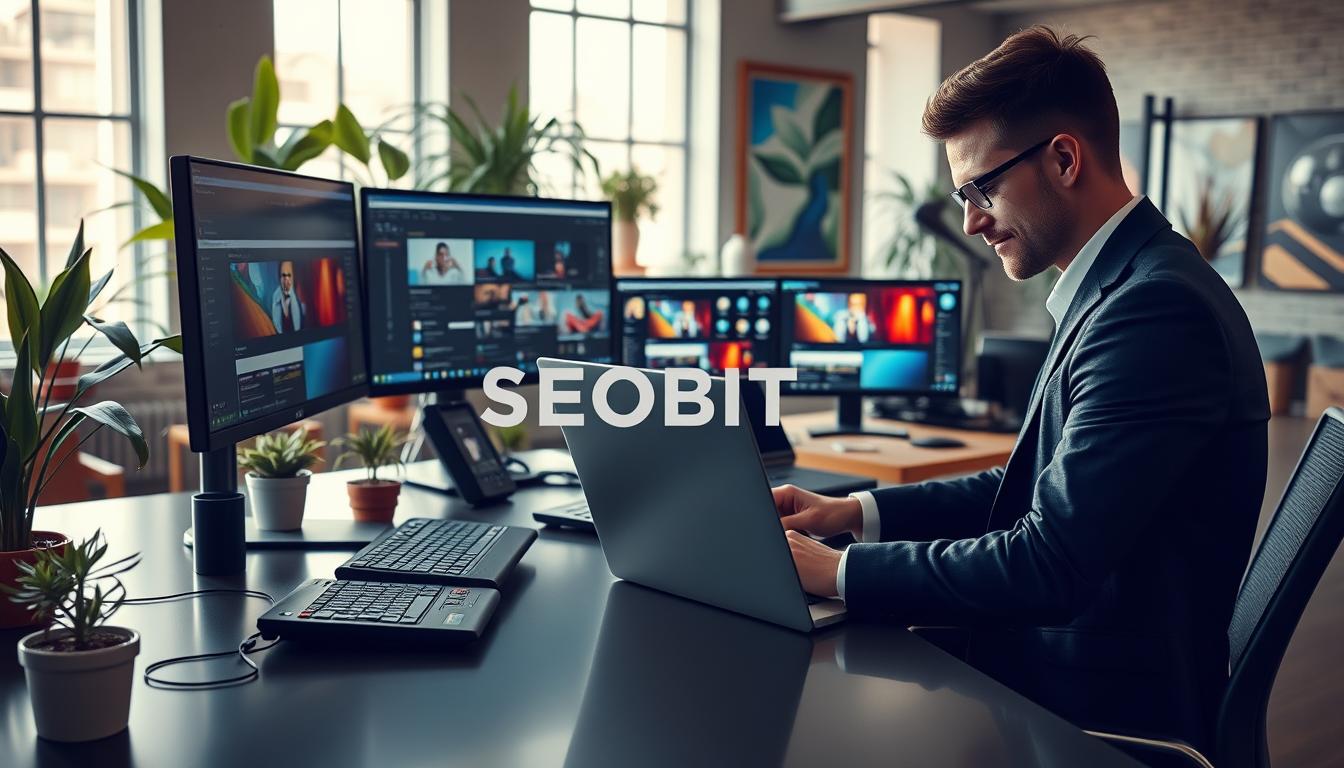 A modern workspace showcasing professional web development. In the foreground, a focused web developer in business attire sits at a sleek desk, typing on a laptop, with vibrant website designs displayed on the screen. The middle ground features an array of high-tech equipment, including dual monitors and digital design tools, emphasizing the intricacies of web design. In the background, large windows let in soft, natural light, illuminating a creative office environment filled with potted plants and inspiring artwork. The mood is professional and innovative, illustrating the essence of creating impactful websites. The brand name "SEOBIT" subtly incorporated into the workspace decor, enhancing the theme of professional web services.