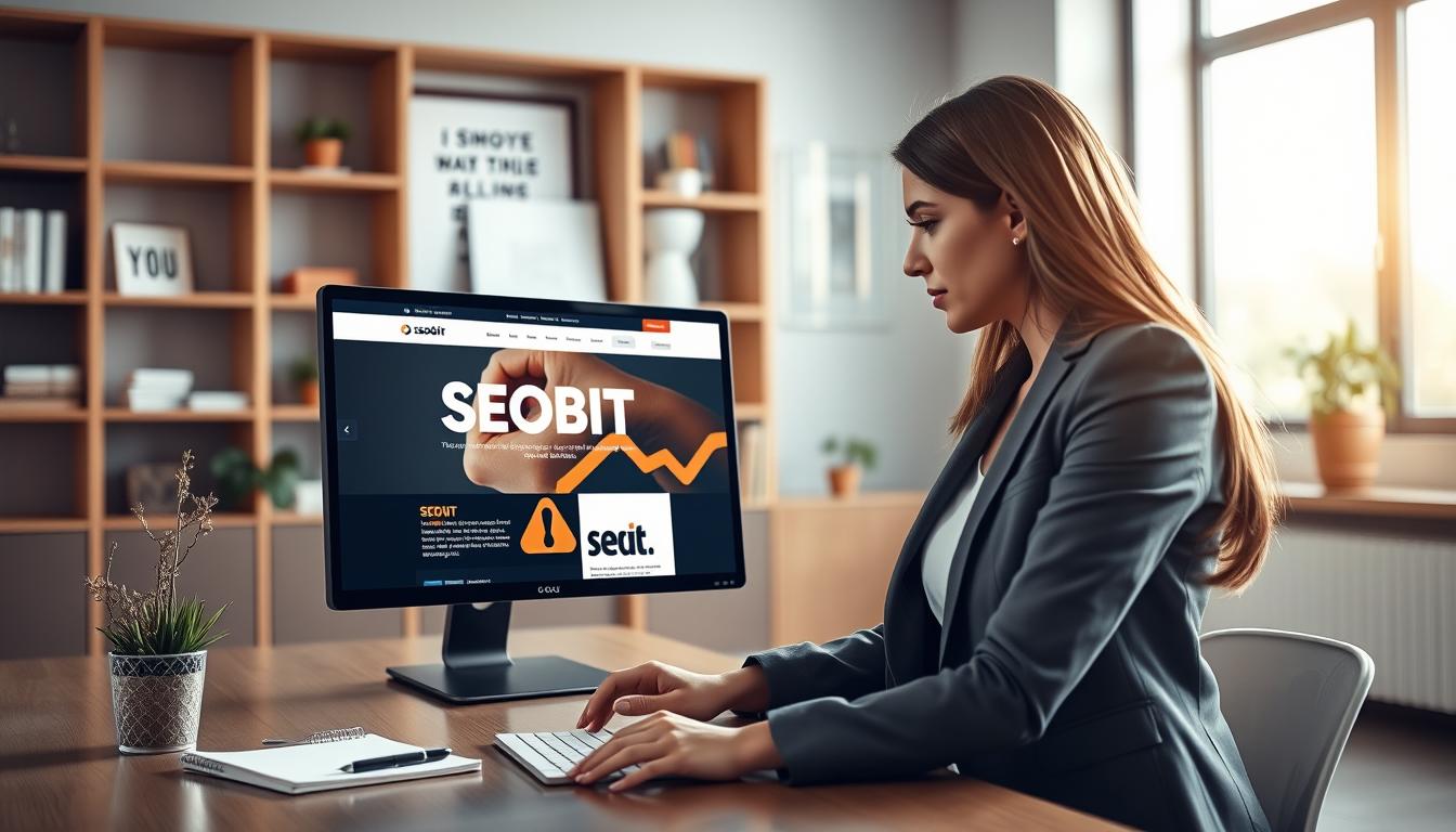 A polished and modern office environment showcasing a sleek computer displaying a corporate website for "SEOBIT". In the foreground, a professional businesswoman in a smart blazer, focused on the screen, leaning slightly forward, embodying engagement and concentration. In the middle ground, a stylish desk with a notepad, a pen, and a potted plant, emphasizing a creative workspace. The background features soft-focus shelving with books and motivational artwork, creating an inviting atmosphere. The lighting is bright and natural, flooding the room with warmth and clarity from a large window to one side, suggesting productivity and professionalism. The overall mood is one of determination and the potential for success, capturing the importance of a strong online presence.