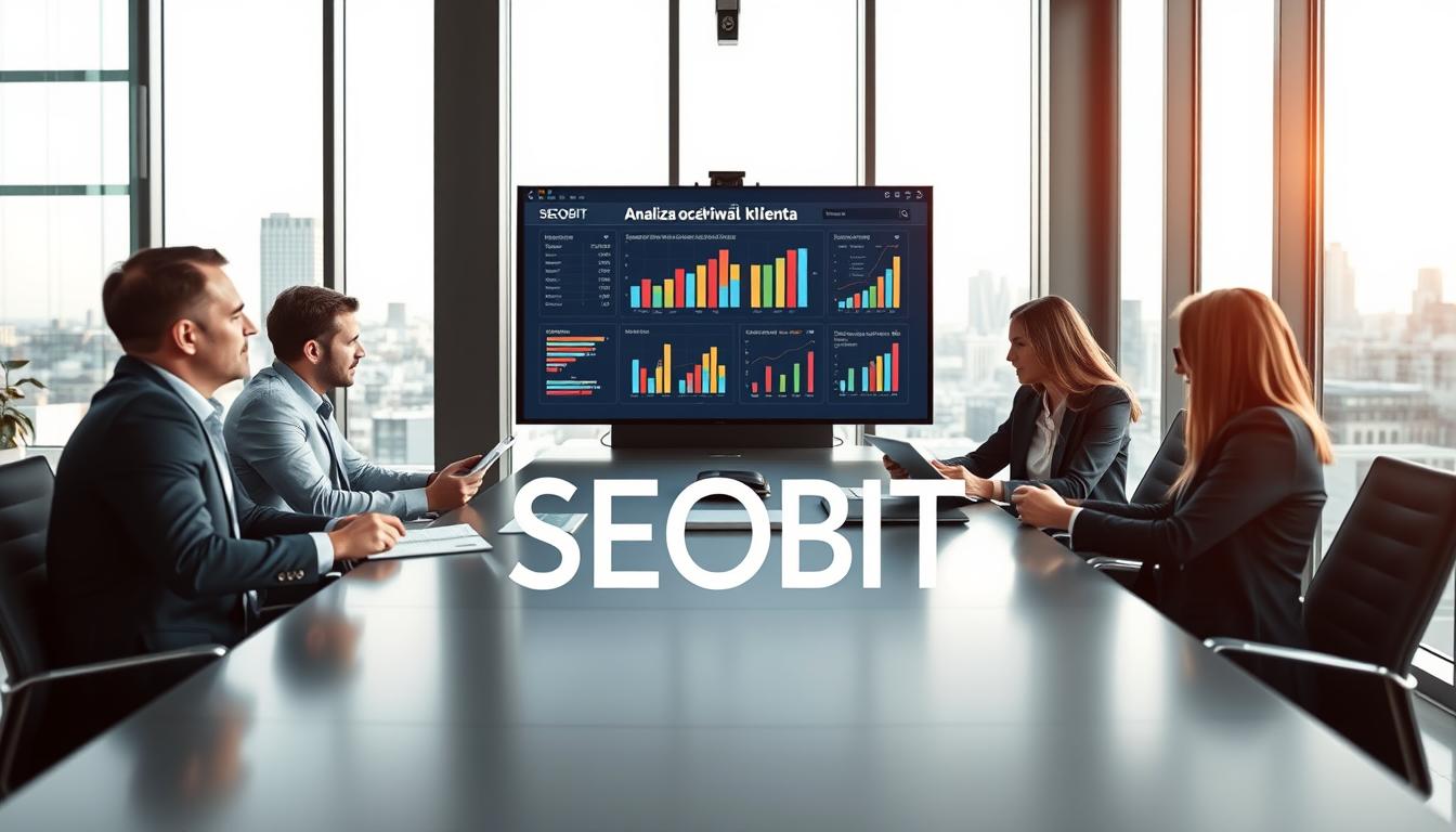 A professional business meeting scene focused on "analiza oczekiwań klienta" in a modern office setting. In the foreground, a diverse group of three individuals, one man and two women, are seated at a sleek conference table, intently reviewing documents and digital tablets. They are dressed in professional business attire. The middle ground features a large screen displaying colorful graphs and customer satisfaction metrics, symbolizing analysis and strategy. The background showcases a bright office space with large windows offering a view of the city skyline of Warsaw, casting natural light throughout the room. The atmosphere is one of collaboration and focus, with soft, warm lighting enhancing the professional tone. Incorporate the brand name "SEOBIT" subtly within the image. Use a wide-angle lens perspective to capture the entirety of the scene.