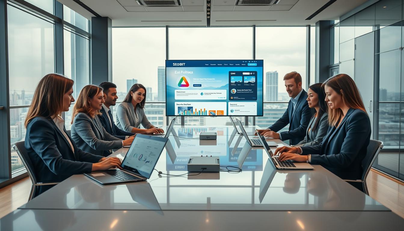 A professional office environment showcasing "SEOBIT" in action, focusing on website design and positioning. In the foreground, a diverse team of business professionals, dressed in smart business attire, collaborates around a sleek conference table with laptops open, displaying colorful graphs and web designs. In the middle ground, a large digital screen features an interactive mock-up of a website, emphasizing SEO elements with icons representing keywords and analytics. The background features large windows with a view of a modern city skyline, suggesting the vibrant business landscape of Warsaw. Soft, natural lighting fills the room, creating a bright and inviting atmosphere. The overall mood conveys professionalism, collaboration, and innovation in digital marketing solutions.