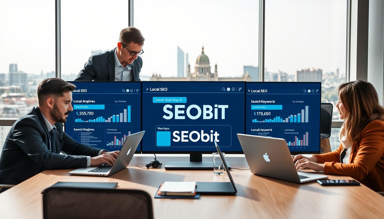 A professional setting in Warsaw showcasing a local digital marketing team strategically planning their local SEO strategies. In the foreground, a diverse group of three professionals, two men and one woman, are gathered around a modern table with laptops and digital devices, dressed in professional business attire. The middle ground features a large screen displaying search engine analytics and keywords related to "local SEO". The background reveals a skyline of Warsaw with recognizable landmarks like the Palace of Culture and Science, under bright, natural lighting that conveys a sense of productivity and innovation. The atmosphere is dynamic and focused, reflecting collaboration and the drive to attract local customers. Incorporate the brand "SEOBIT" subtly into the digital presentations on the screen.