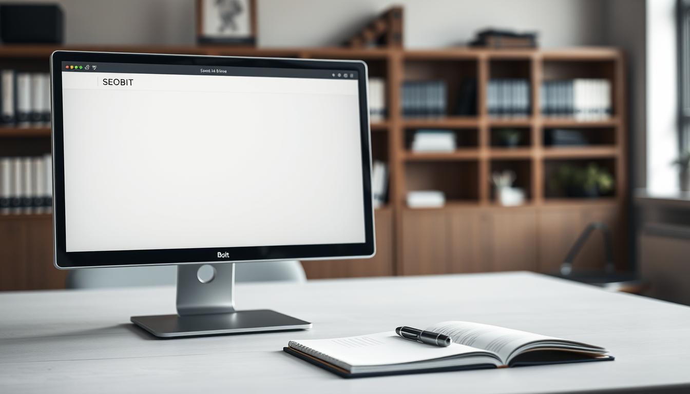 A professional website layout is depicted, featuring an empty homepage without a clear goal or purpose. In the foreground, there's a sleek computer monitor displaying a minimalistic web design with the brand name "SEOBIT" prominently placed at the top. The screen shows a static, empty content area with light gray tones. In the middle ground, an office desk with a notepad and a pen lies abandoned, suggesting a lack of direction. The background features blurred out shelves with business books, enhancing the atmosphere of decline and inefficiency in an office space. Soft, natural light filters in through a nearby window, creating a somber, reflective mood, highlighting the theme of ineffective business websites.