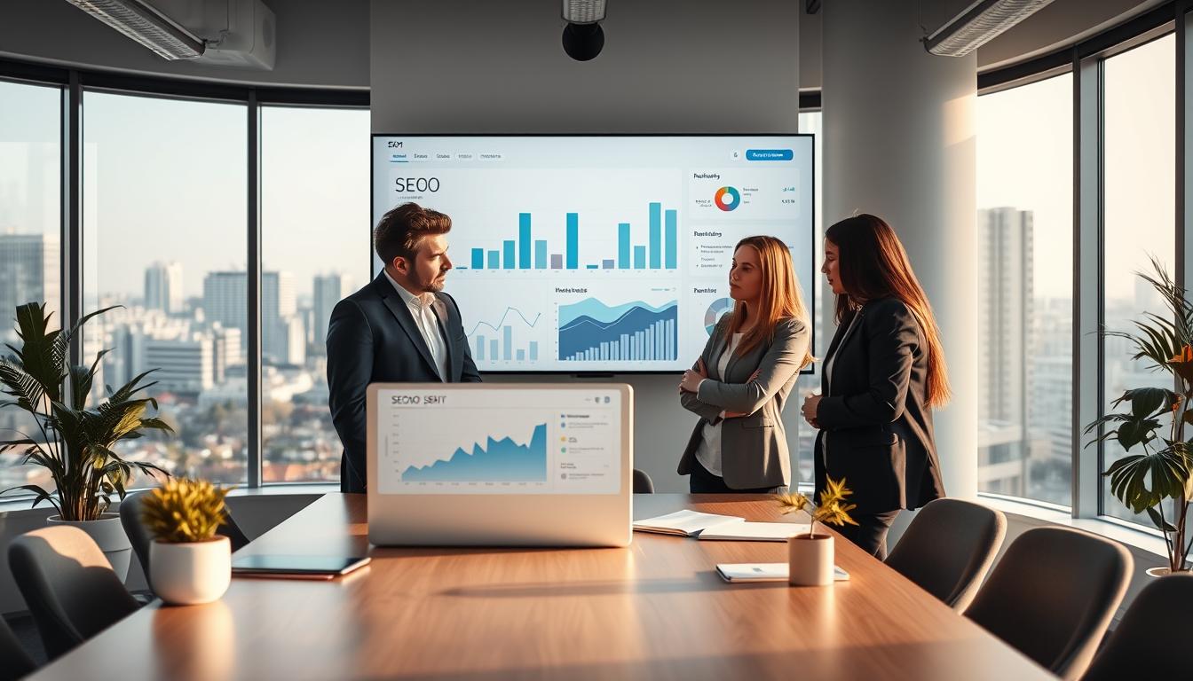A professional workspace showcasing the concept of SEO and website integration for businesses in Warsaw. In the foreground, a diverse group of three professionals in business attire is discussing analytics data on a laptop. The middle ground features a large, modern wall screen displaying graphs and charts reflecting successful SEO strategies. In the background, a bright office with large windows offers a view of Warsaw's skyline, symbolizing growth and opportunity. Soft, natural lighting fills the space, enhancing a focused and proactive atmosphere. Include subtle branding elements indicating "SEOBIT" as a key player in the industry. The overall mood is motivational and collaborative, ideal for businesses seeking comprehensive digital solutions.