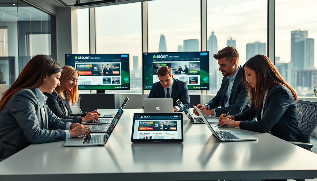 A sleek and modern office environment showcasing professional website design in Warsaw. In the foreground, a diverse group of individuals in smart business attire collaborate around a large table, reviewing vibrant mockups of websites on laptops and tablets. The middle ground features digital screens displaying cutting-edge web designs, emphasizing user-friendly interfaces and aesthetic appeal. The background includes a glass wall with a view of the Warsaw skyline, bathed in soft natural light from large windows, enhancing the workspace ambiance. The overall mood is innovative and dynamic, reflecting the theme of modern design and high sales potential. Include subtle branding of "SEOBIT" integrated into the website designs on the screens, ensuring a focus on professionalism.