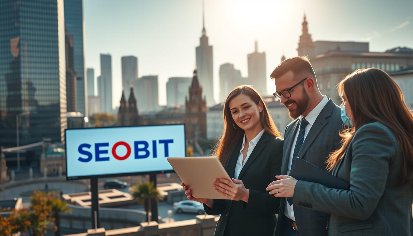 A vibrant cityscape of Warsaw, showcasing the modern skyline with iconic skyscrapers reflecting in the early morning light. In the foreground, a group of professional individuals, dressed in smart business attire, are engaged in a lively discussion while looking at a laptop displaying analytics data. In the middle ground, a billboard with the brand name "SEOBIT" prominently featured, emphasizing the theme of effective SEO. The background captures the historic architecture of Warsaw mixed with contemporary elements, symbolizing the blend of tradition and innovation. The atmosphere is dynamic yet professional, suggesting a bustling environment where businesses thrive through digital visibility. Soft sunlight casts warm shadows, adding depth to the scene.