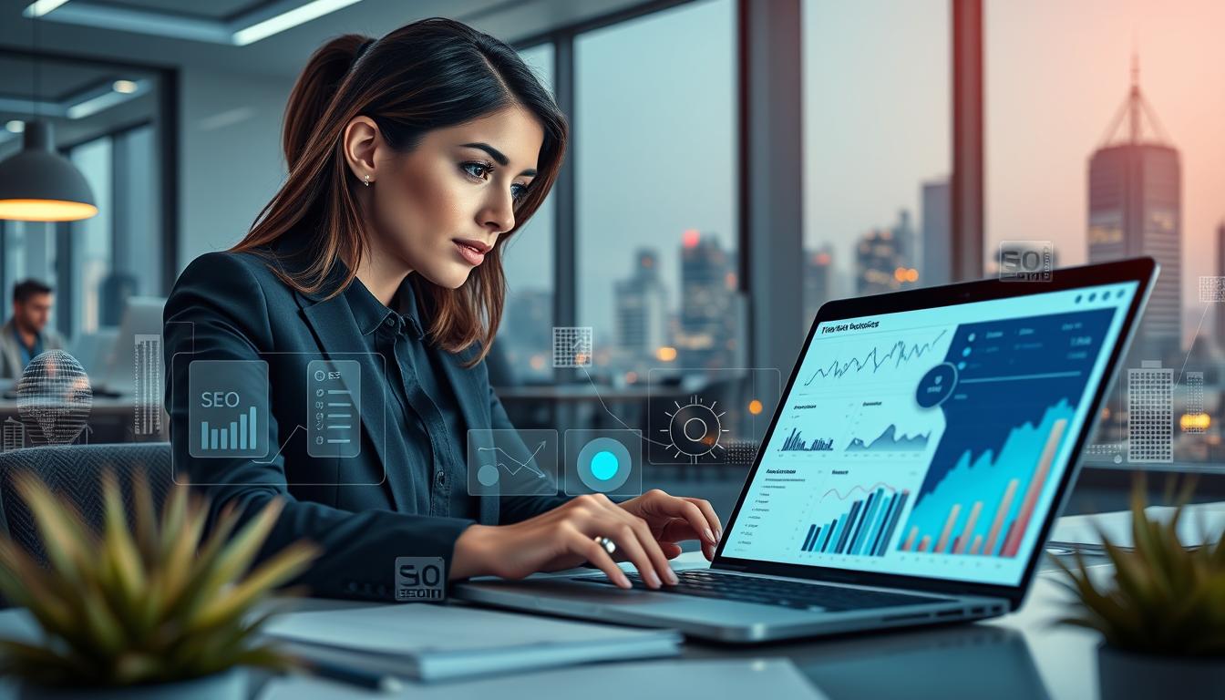 A vibrant digital landscape illustrating the significance of online visibility in SEO, featuring a professional businesswoman in smart attire, intently analyzing data on her laptop. The foreground showcases detailed graphs and charts reflecting website traffic and search engine rankings, representing the importance of effective SEO. In the middle ground, a sleek office environment with modern decor adds to the professional atmosphere. The background reveals a city skyline of Warsaw, symbolizing local business growth and competition. Soft, ambient lighting enhances the focus on the laptop's screen, creating a sense of determination and clarity. Include subtle branding elements of "SEOBIT" integrated into the data visuals. The mood is motivational and insightful, inviting readers to understand the role of SEO in digital presence.