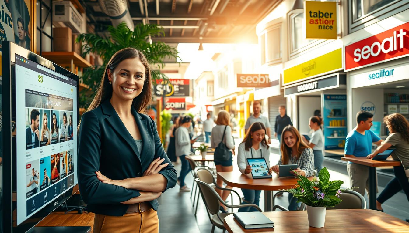 A vibrant, dynamic scene depicting an integrated retail environment showcasing the concept of "increased market reach." In the foreground, a smiling businesswoman in professional attire stands confidently next to a computer screen displaying an online store interface. In the middle ground, a cozy café setting with customers happily browsing products on tablets and engaging with friendly staff. The background features a lively street with people walking by, colorful storefronts, and signage for a local store called "SEOBIT." Bright, natural lighting spills through large windows, creating an inviting and warm atmosphere. The camera angle is slightly elevated to capture the bustling energy and interconnectedness of online and offline sales channels. The overall mood is optimistic and inspiring, illustrating the benefits of channel integration.