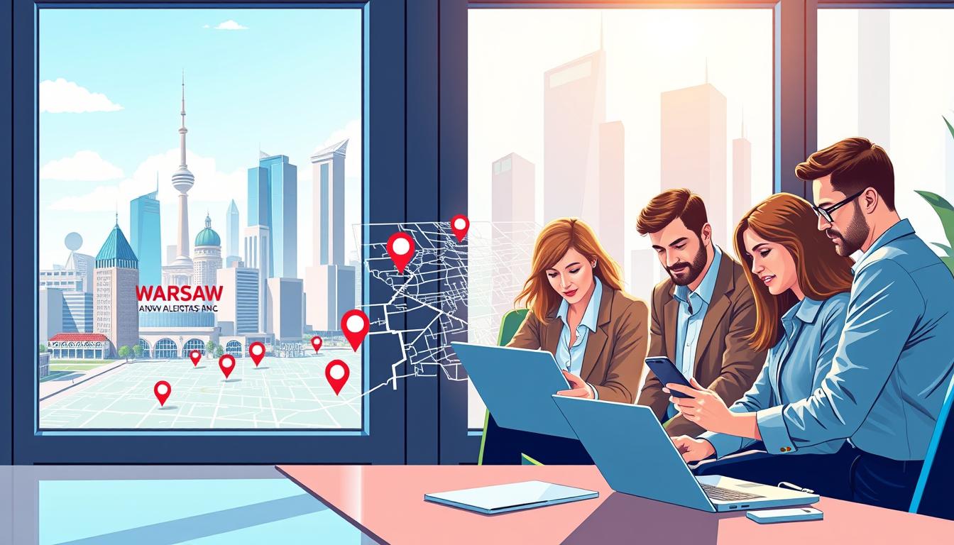 A vibrant illustration showcasing the benefits of local SEO, featuring a modern office setting with a large window displaying the cityscape of Warsaw. In the foreground, a group of diverse professionals in business attire analyze data on laptops and digital devices, highlighting growth and connection. The middle ground showcases a digital map of Warsaw with markers indicating local businesses thriving due to improved search engine visibility. In the background, the iconic landmarks of Warsaw subtly emphasize the local context. Bright, natural lighting pours in from the window, creating an optimistic and productive atmosphere. Incorporate subtle branding elements of "SEOBIT" in a tasteful manner, ensuring it aligns with the professional theme of the image.