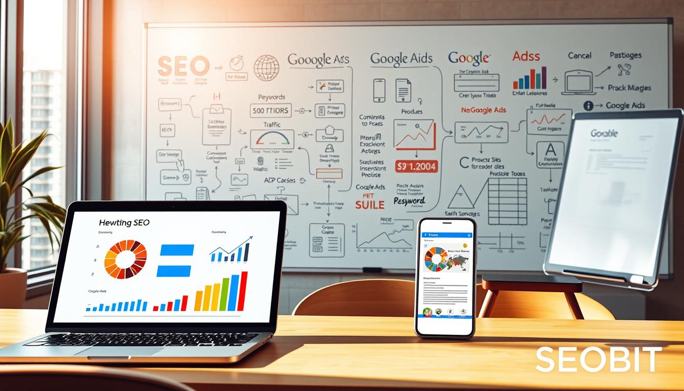 A visually striking infographic illustrating the fundamental definitions of SEO and Google Ads. In the foreground, a sleek laptop displays a colorful pie chart and graphs representing SEO metrics like keywords and traffic. Beside it, a mobile device showcases an ad snippet from Google Ads. In the middle ground, a clear whiteboard filled with flowcharts and diagrams about SEO strategies and Google Ads campaigns creates a busy but organized look. The background features a modern office setting with warm lighting, soft shadows, and a window revealing a cityscape. The atmosphere is professional yet inviting, perfect for a small business context. The brand name "SEOBIT" is subtly integrated into the design elements, ensuring the focus remains on the concepts of SEO and Google Ads without text overlays or captions.
