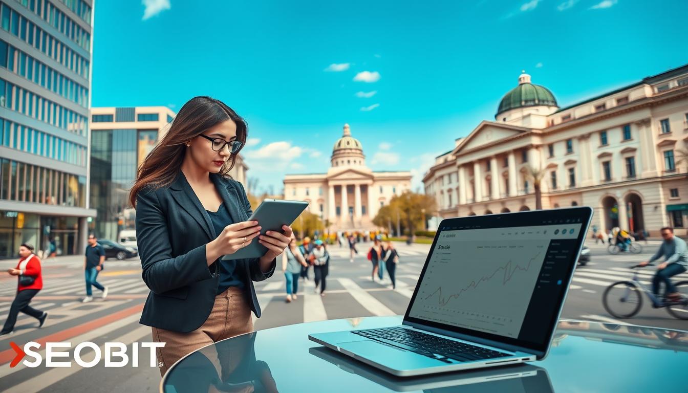 A bustling cityscape of Warsaw showcasing a modern office building with a clear blue sky overhead, symbolizing the significance of technical website optimization. In the foreground, a professional woman in business attire studies a digital tablet, analyzing website metrics, while a sleek laptop is open on a nearby table displaying website analytics. The middle ground features the vibrant street life of Warsaw, with people walking and a few cyclists, hinting at the active online community. In the background, the iconic Palace of Culture and Science can be seen, representing the city’s dynamic character. Soft lighting creates a warm and optimistic atmosphere, emphasizing the importance of SEO for visibility. The scene embodies a synergy between technology and urban life, incorporating subtle elements of the brand "SEOBIT" in the setting.
