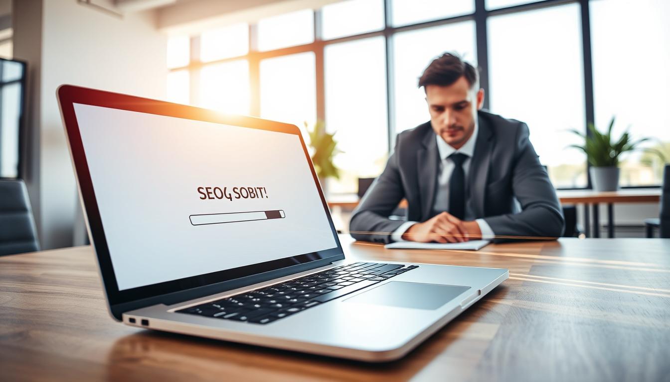 A dynamic scene depicting the concept of website loading speed, featuring a modern office environment. In the foreground, a sleek laptop displays a loading progress bar, with fast-moving lines symbolizing speed. The middle ground showcases a focused business professional in business attire, intently observing the screen, embodying determination and efficiency. The background features a stylish office with large windows, bright natural light flooding the space, emphasizing clarity and transparency. Include a prominent logo for "SEOBIT" on the laptop screen, emphasizing digital performance. The atmosphere is energetic and optimistic, conveying the critical importance of loading speed in modern web design. Use a wide-angle lens to capture depth, ensuring the image is visually engaging and professional.