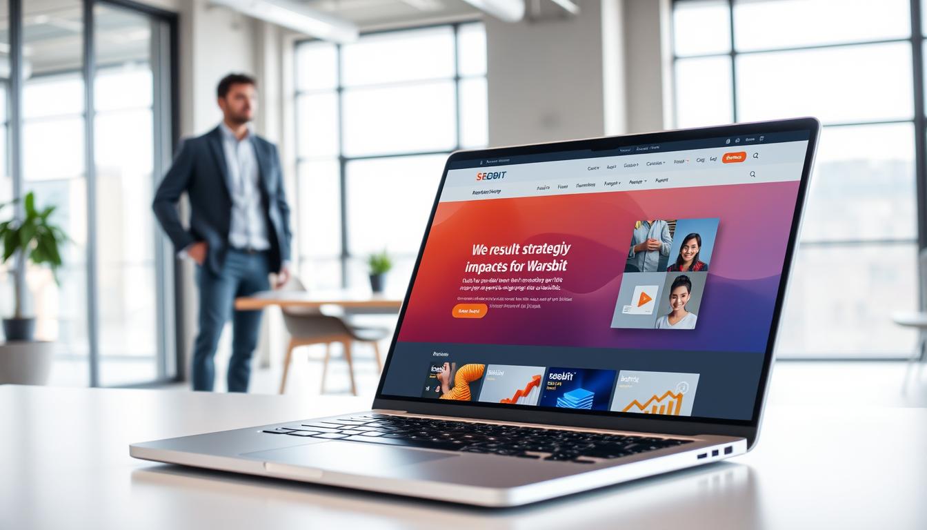 A modern, professional web design showcased in an office environment, emphasizing the concept of an impactful first impression. In the foreground, a sleek laptop displays a vibrant, user-friendly homepage for the brand "SEOBIT," featuring engaging visuals and intuitive navigation. In the middle ground, a business professional in modest casual attire observes the screen, exuding curiosity and engagement. The background features a contemporary office space with minimalist decor, large windows allowing natural light to flood in, creating an inviting atmosphere. The lighting is bright yet soft, enhancing the idea of clarity and professionalism. The overall mood conveys innovation and excitement about effective web strategies for businesses in Warsaw.