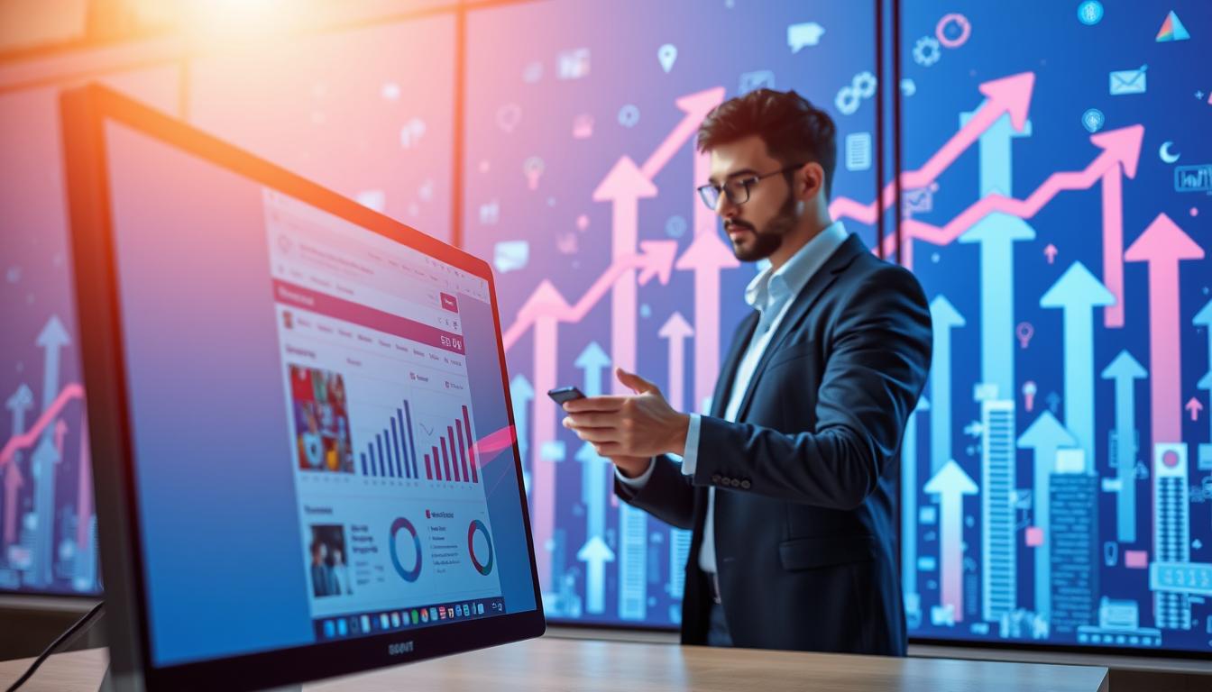 A professional scene depicting the significance of e-commerce positioning, featuring a sleek, modern online store interface displayed on a computer screen in the foreground. The middle ground shows a business professional in smart casual attire analyzing website analytics charts, emphasizing the importance of SEO strategies. In the background, a vibrant digital landscape filled with arrows pointing upwards and search engine icons symbolizes growth and visibility in search results. The lighting is bright and focused, creating a sense of clarity and motivation. The mood is dynamic and inspirational, highlighting the actionable aspects of optimizing an online store for SEO. Incorporate the brand name "SEOBIT" subtly on the computer screen interface.