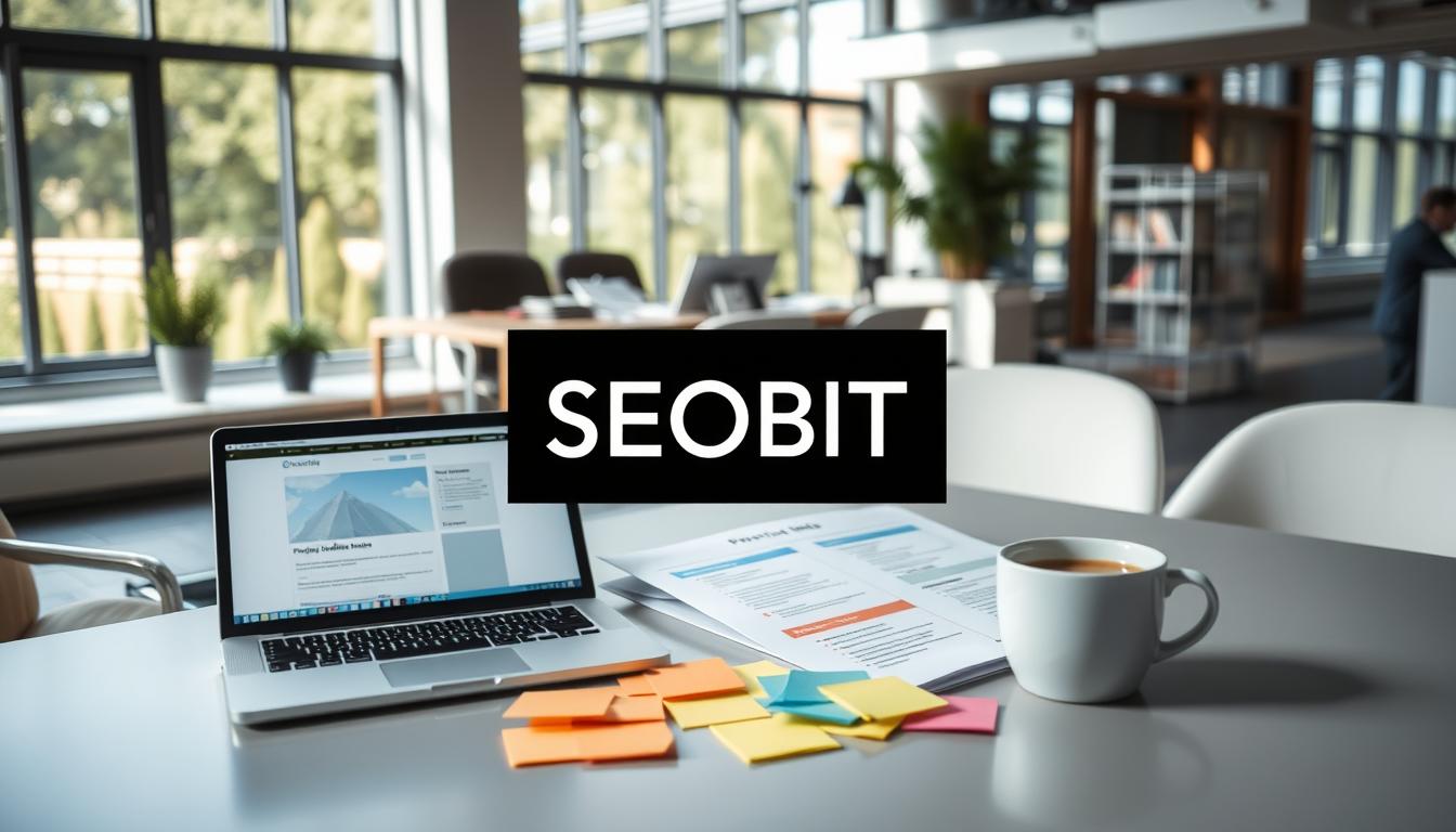 A professional workspace depicting a digital project brief for a website. In the foreground, a neatly arranged desk with a laptop open to a design mockup, colorful sticky notes scattered around, and a cup of coffee. The middle layer features a detailed project brief document, showcasing sections like objectives, target audience, and key features highlighted. In the background, a modern office setting with large windows allowing natural light to flood the room, casting soft shadows. The atmosphere is focused and creative, inviting collaboration. A sleek black logo for “SEOBIT” is subtly integrated into the design of the workspace. The image should evoke professionalism and inspiration, suitable for the theme of web project planning.