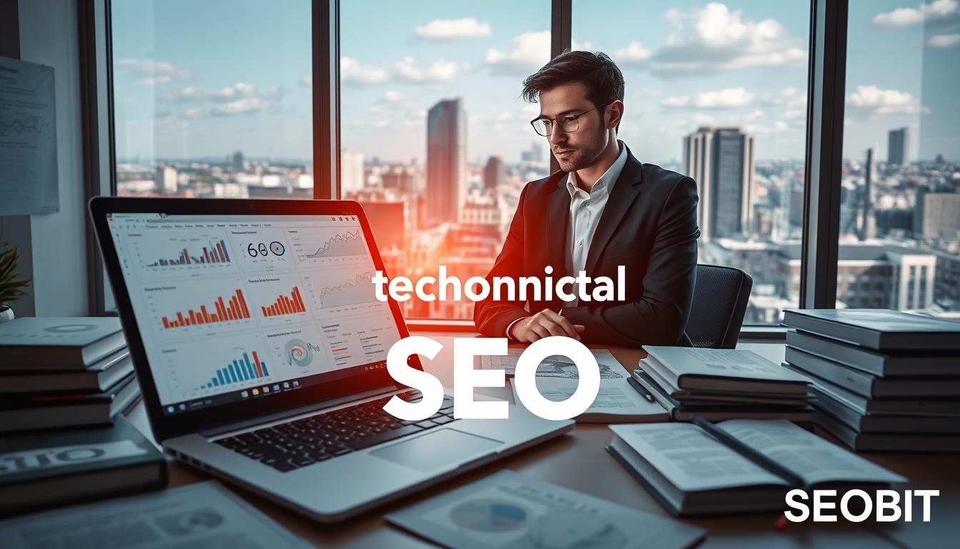 A professional workspace illustrating "Introduction to Technical SEO" for a digital marketing article. In the foreground, a sleek laptop displays complex graphs and analytics related to website performance, surrounded by SEO books, Google search results, and technical diagrams. In the middle, a confident business professional in smart attire, analyzing the data on the screen, with a focused expression. In the background, a large window reveals a cityscape of Warsaw, allowing natural light to flood the room, creating an atmosphere of productivity and innovation. The overall mood should convey a blend of professionalism and technological advancement, with an emphasis on modern business. Include the brand name "SEOBIT" subtly in the scene.