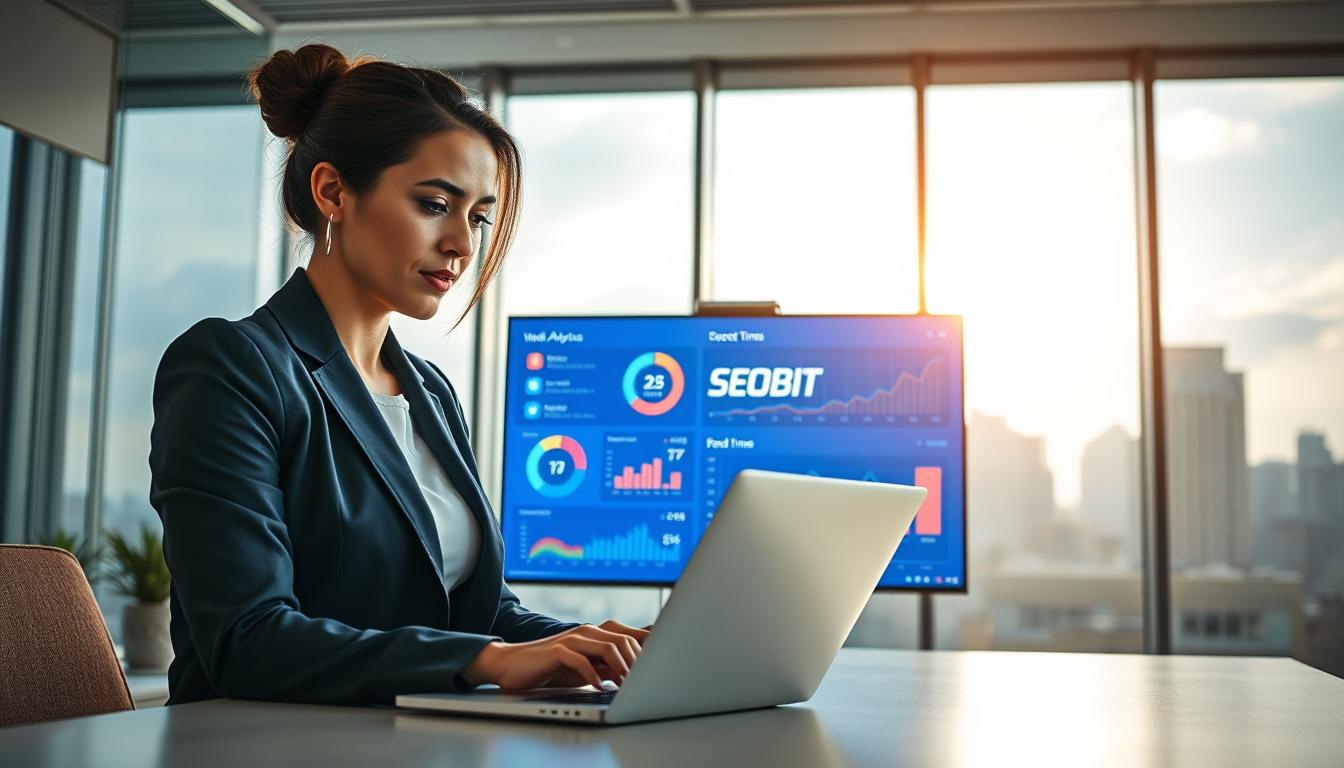 A sleek, modern office environment focused on web optimization, featuring a professional businesswoman working on a laptop with a vibrant screen displaying various web analytics and speed metrics. In the foreground, her engaged expression shows determination and insight, dressed in smart, business attire. In the middle ground, a large digital monitor prominently displays the SEOBIT logo alongside engaging charts and graphs illustrating trends in website loading times. The background showcases an inspiring cityscape through large windows, with soft, natural daylight illuminating the scene, enhancing the atmosphere of productivity and innovation. The composition emphasizes clarity, motion, and technological advancement, inviting the viewer to connect with the theme of website loading optimization.