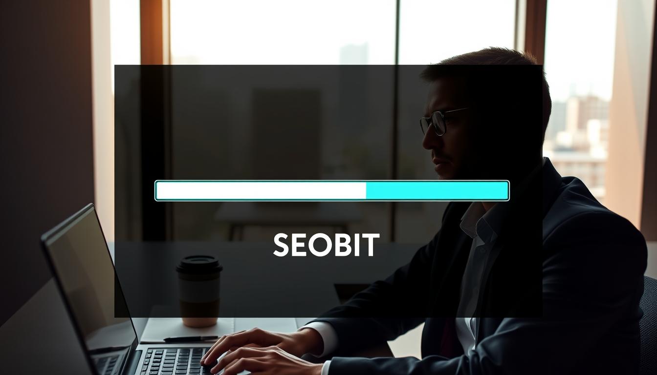 A sleek, modern website loading screen displaying a progress bar filling rapidly, symbolizing fast loading times. In the foreground, a professional businessperson, dressed in smart attire, eagerly watches the screen, their face illuminated by the glow of a laptop. The middle layer features a clean, minimalistic workspace with a notepad and a cup of coffee, depicting focus and productivity. In the background, a large window reveals a bright cityscape, suggesting innovation and growth. The lighting is bright and well-balanced, emanating a sense of urgency and efficiency. The atmosphere is dynamic and motivational, with an emphasis on speed and technology. The brand name "SEOBIT" is subtly incorporated into the design of the loading screen.